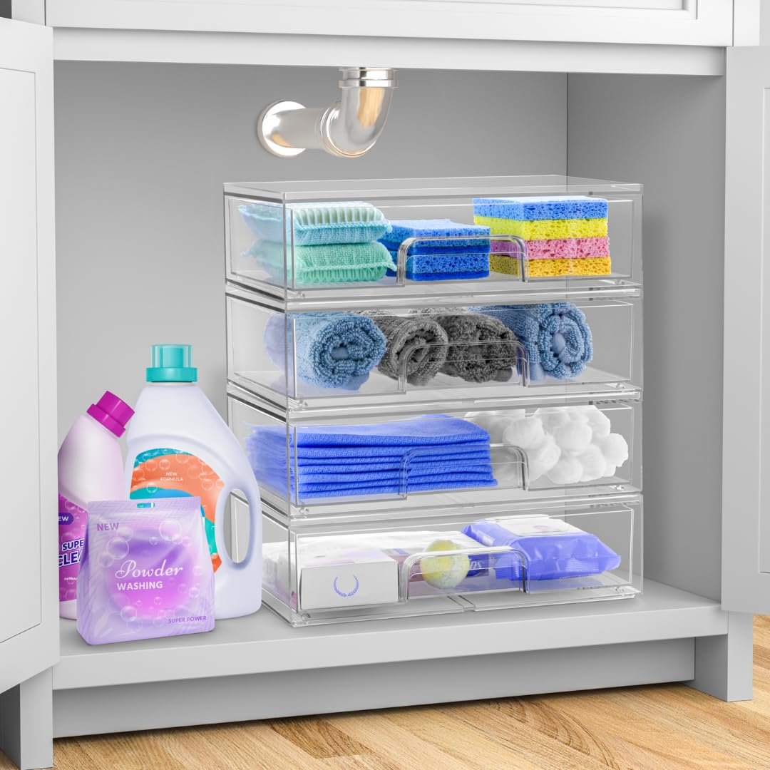 Sorbus acrylic storage containers close-up showing pull-out drawer for cosmetics.