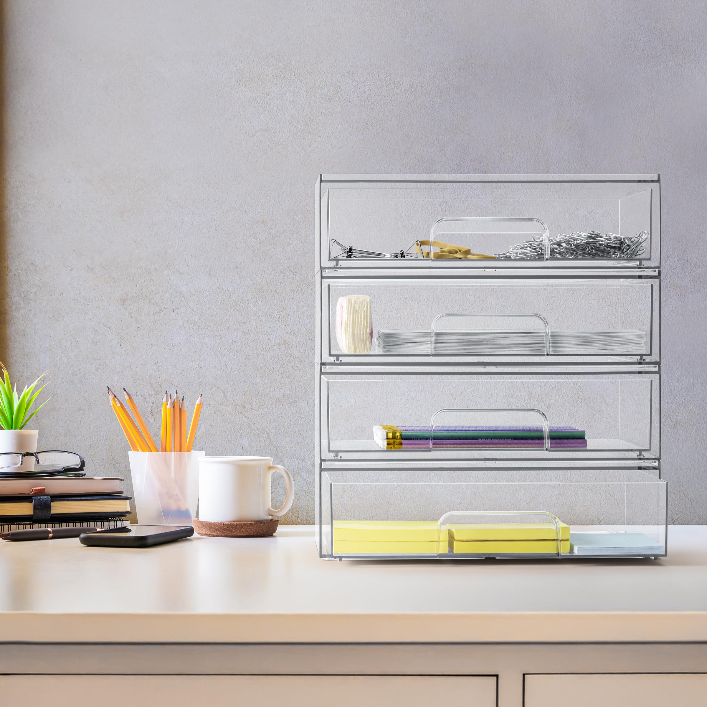 Sorbus acrylic storage containers with built in handles for smooth gliding.