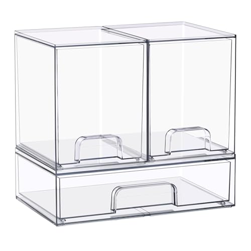 Sorbus acrylic storage wide-drawer shows clear organization for cosmetics and bathroom essentials.