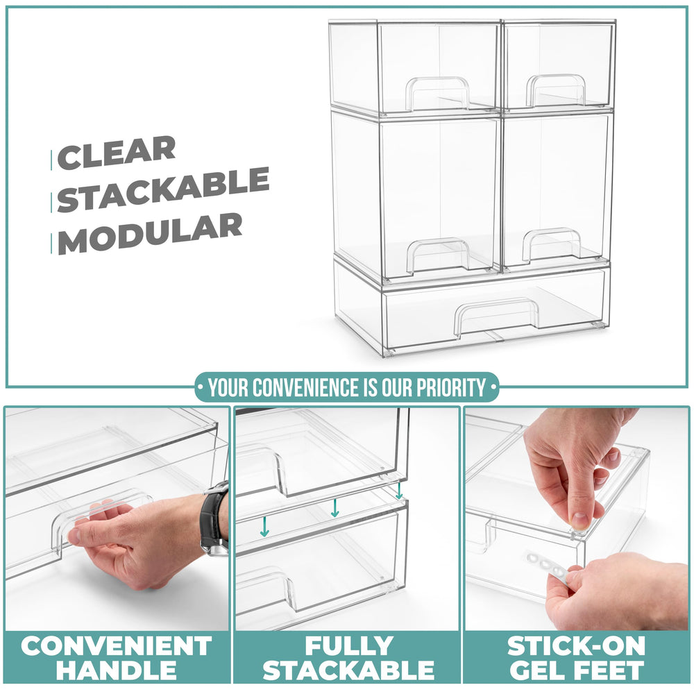 Sorbus bathroom vanity with stackable acrylic bins keeps countertops clutter-free.