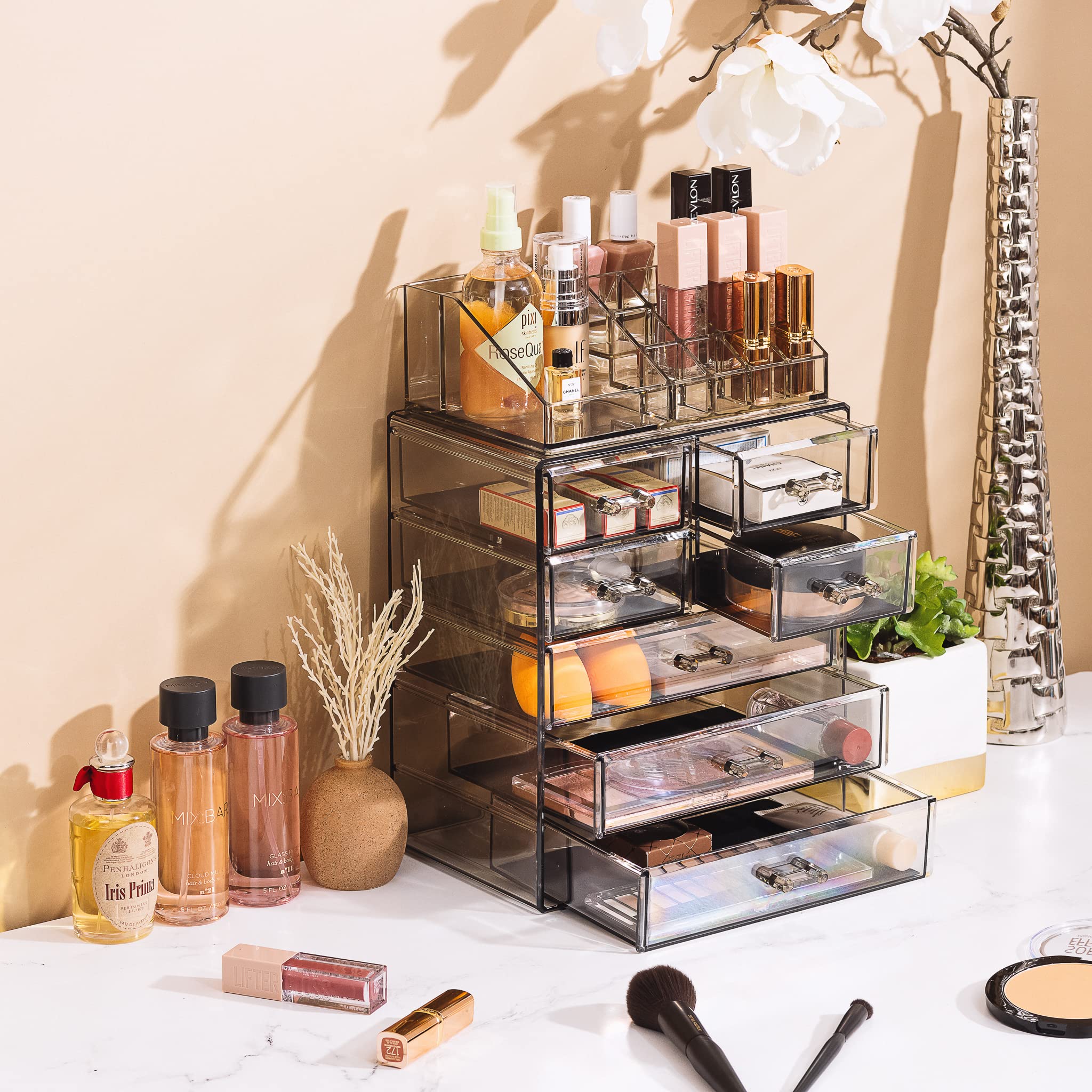 Sorbus black-tinted acrylic finish adds modern style to vanity storage.