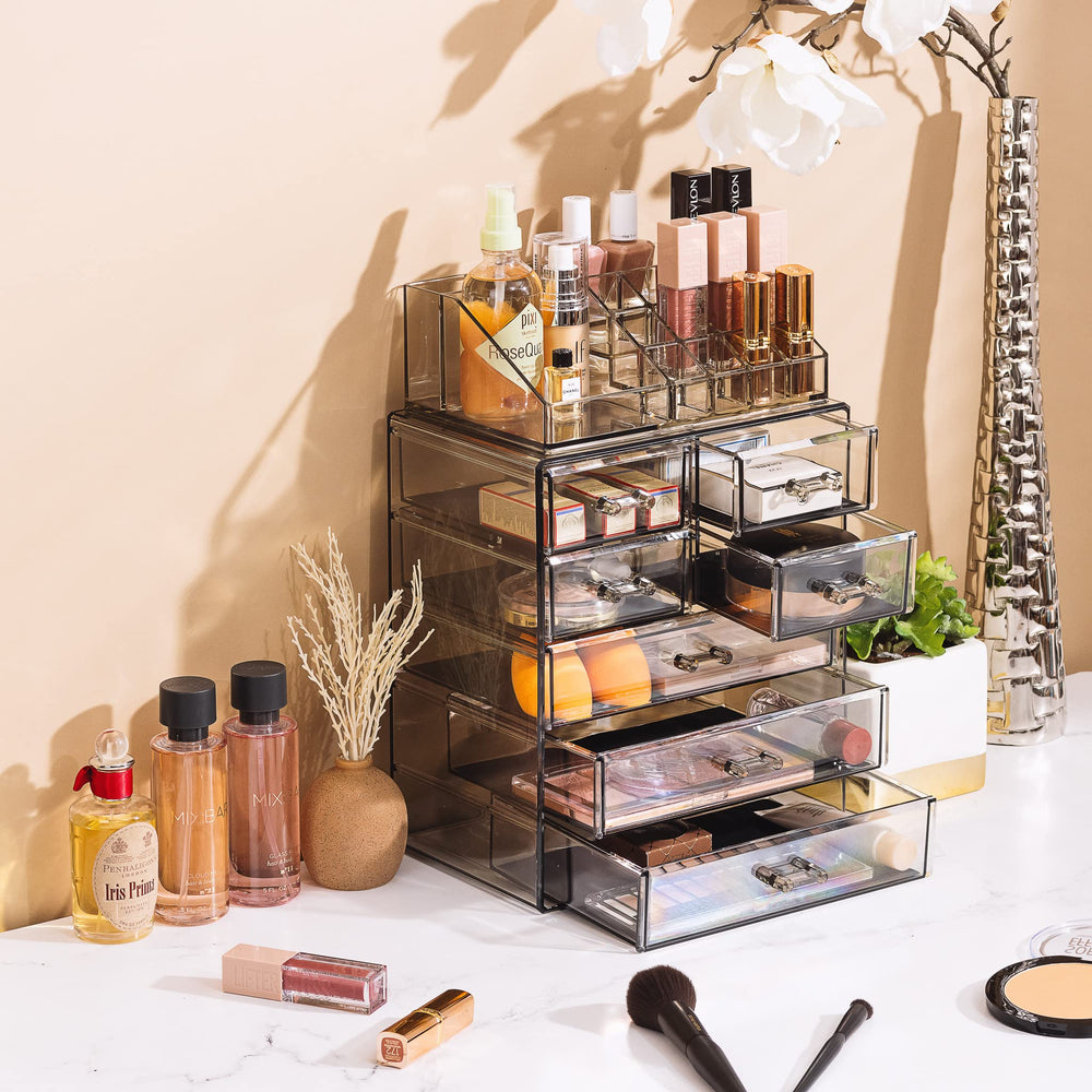 Sorbus black-tinted acrylic finish adds modern style to vanity storage.