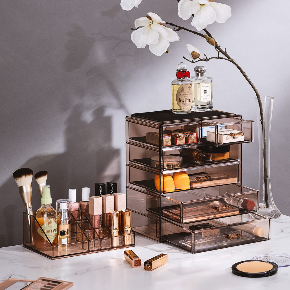 Sorbus bronze glow finish close-up highlights clear acrylic and modern vanity appeal.