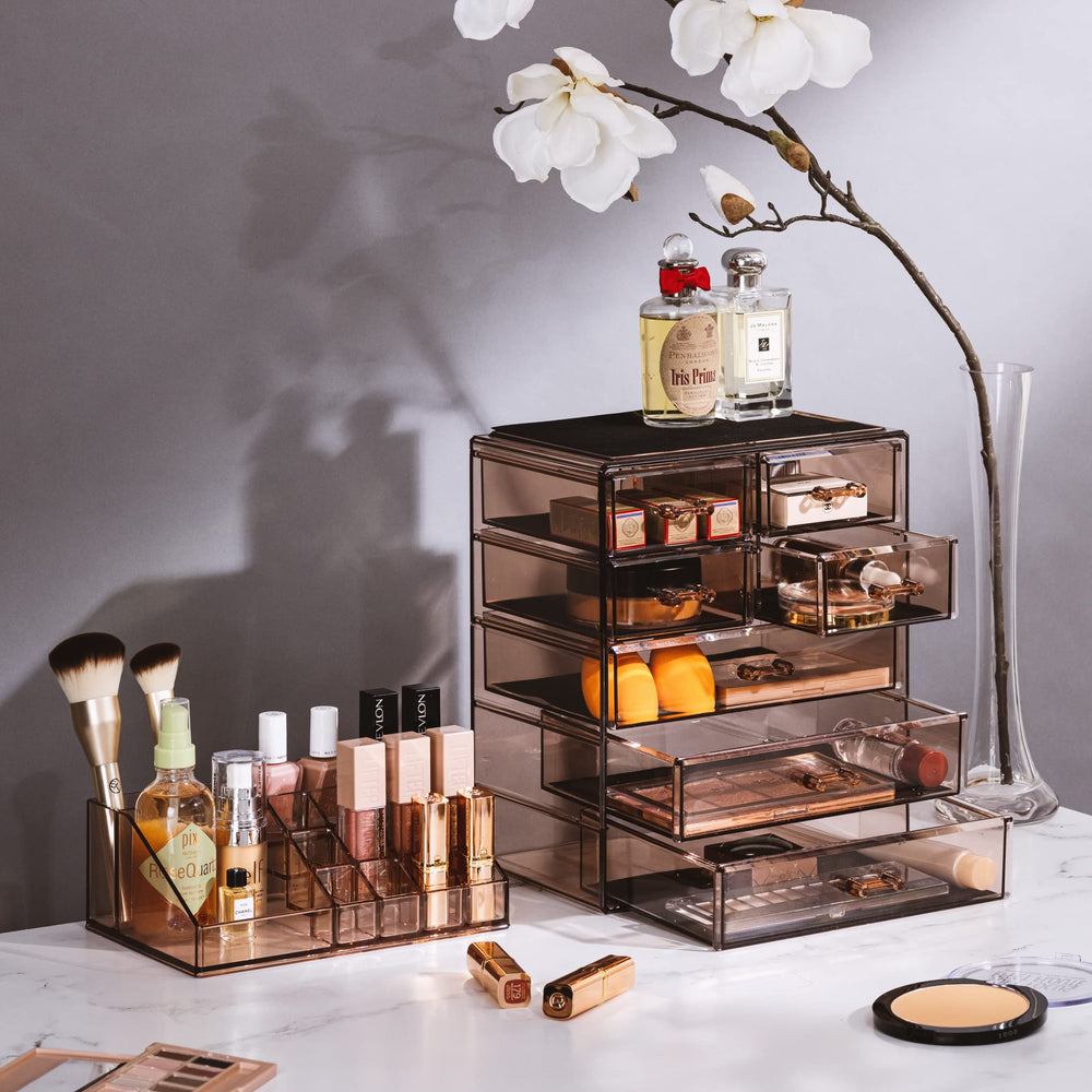 Sorbus Bronze Glow wide-drawers showcase palettes and bottles with clarity.