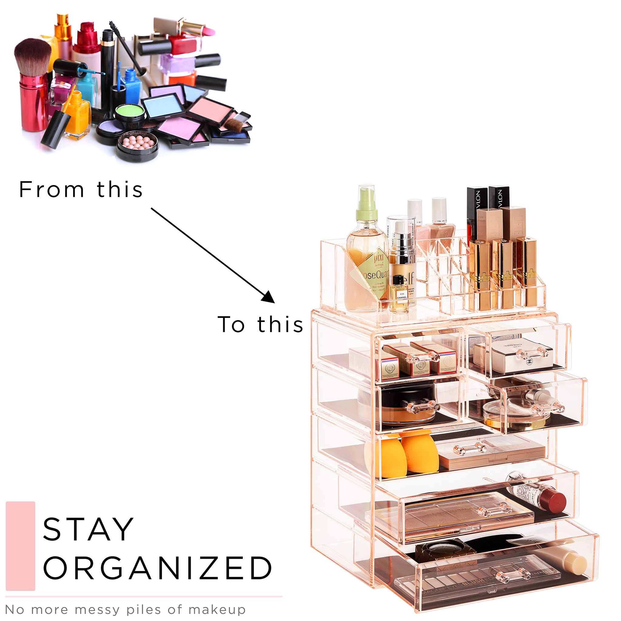 Sorbus Clear Cosmetic Makeup Organizer dimensions suited for compact desks and countertops.