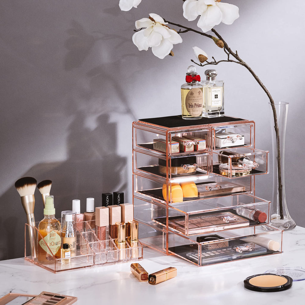 Sorbus Clear Cosmetic Makeup Organizer drawer open highlighting spacious storage and quick access.