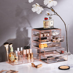 Sorbus Clear Cosmetic Makeup Organizer drawer open highlighting spacious storage and quick access.
