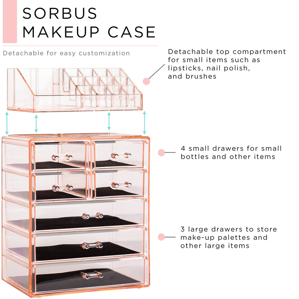 Sorbus Clear Cosmetic Makeup Organizer jewelry slot keeps small accessories organized and visible.