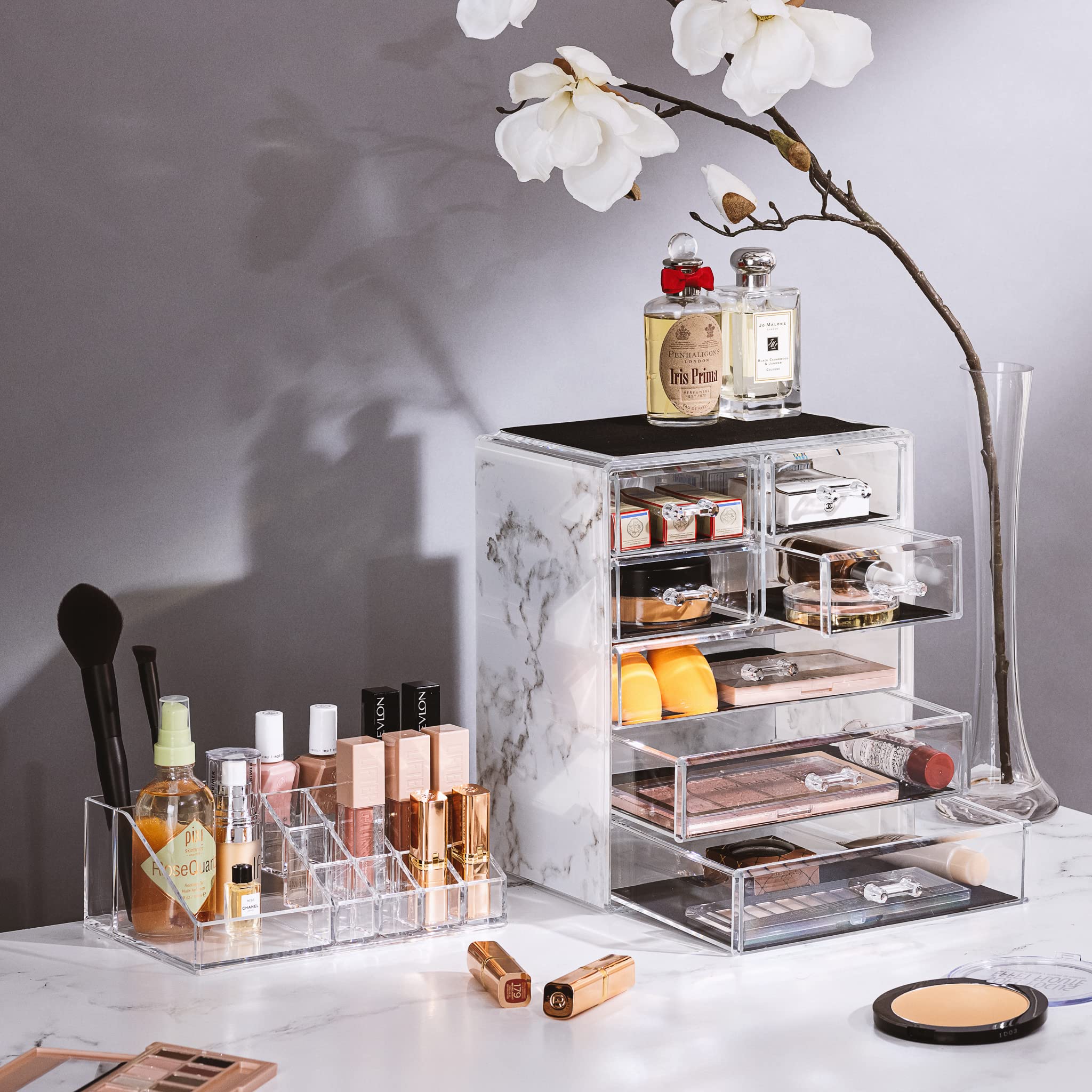 Sorbus clear makeup organizer marble print drawer-open demonstration of spacious drawers