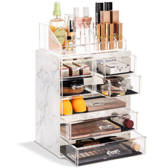 Sorbus clear cosmetic makeup organizer marble print front view showing ample storage