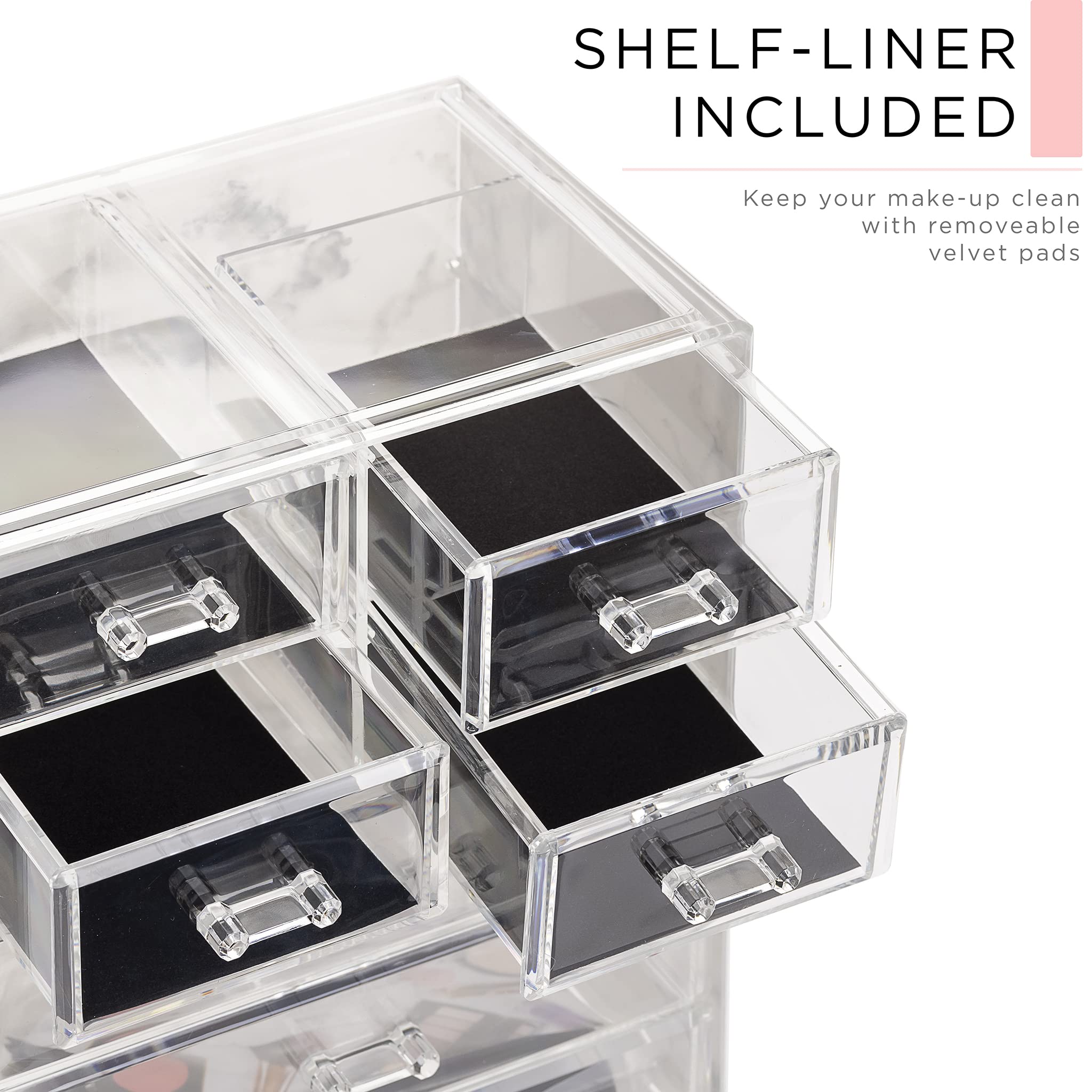Sorbus marble-print makeup organizer side view showing sturdy build and clear panels