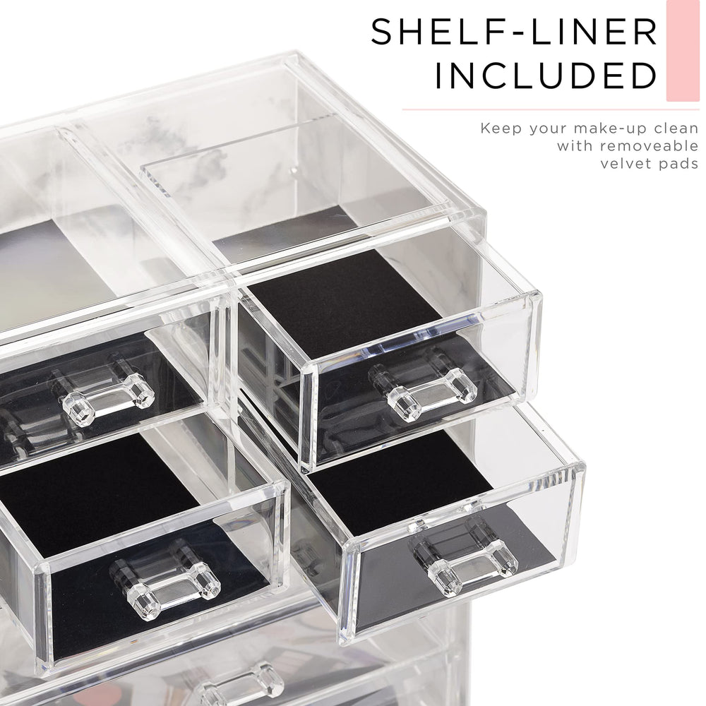 Sorbus marble-print makeup organizer side view showing sturdy build and clear panels