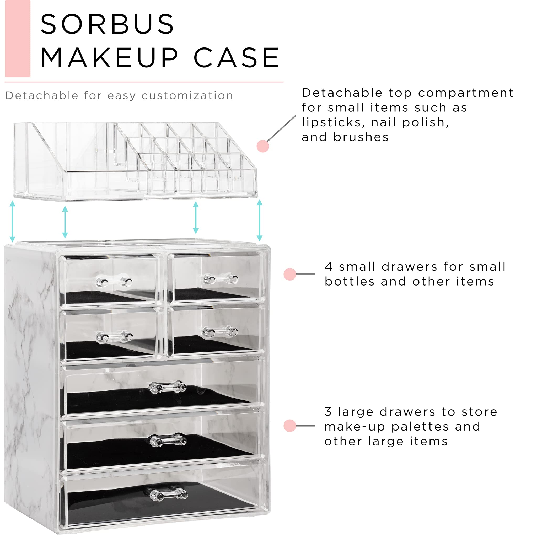 Sorbus clear cosmetic organizer marble print top slots keeping items upright and visible