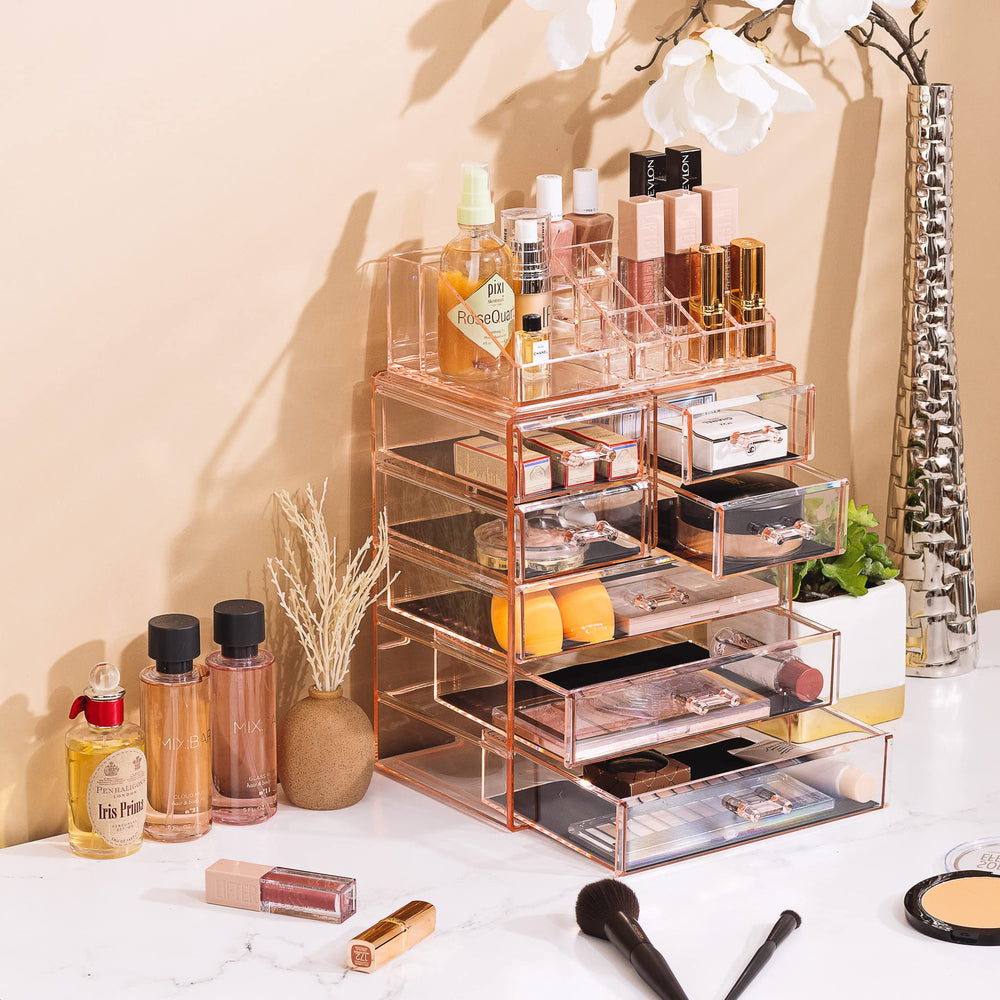 Sorbus Clear Cosmetic Makeup Organizer on dresser demonstrates space-saving vanity display.