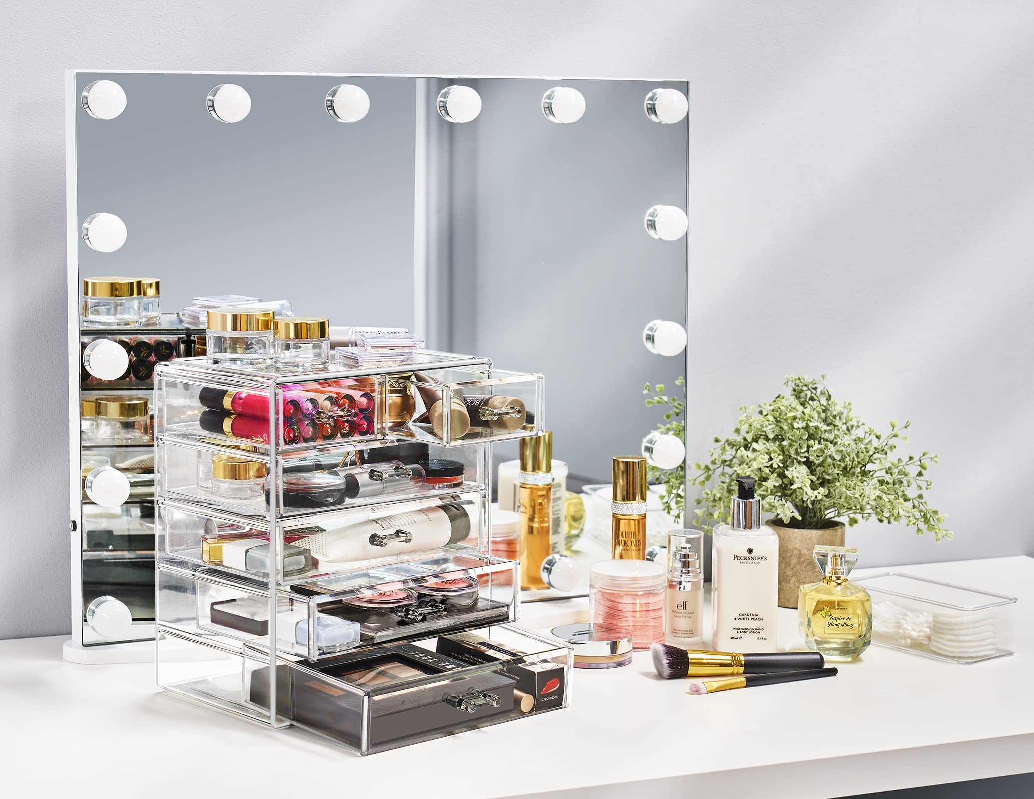 Sorbus clear makeup storage vanity drawers showing easy access to brushes and cosmetics