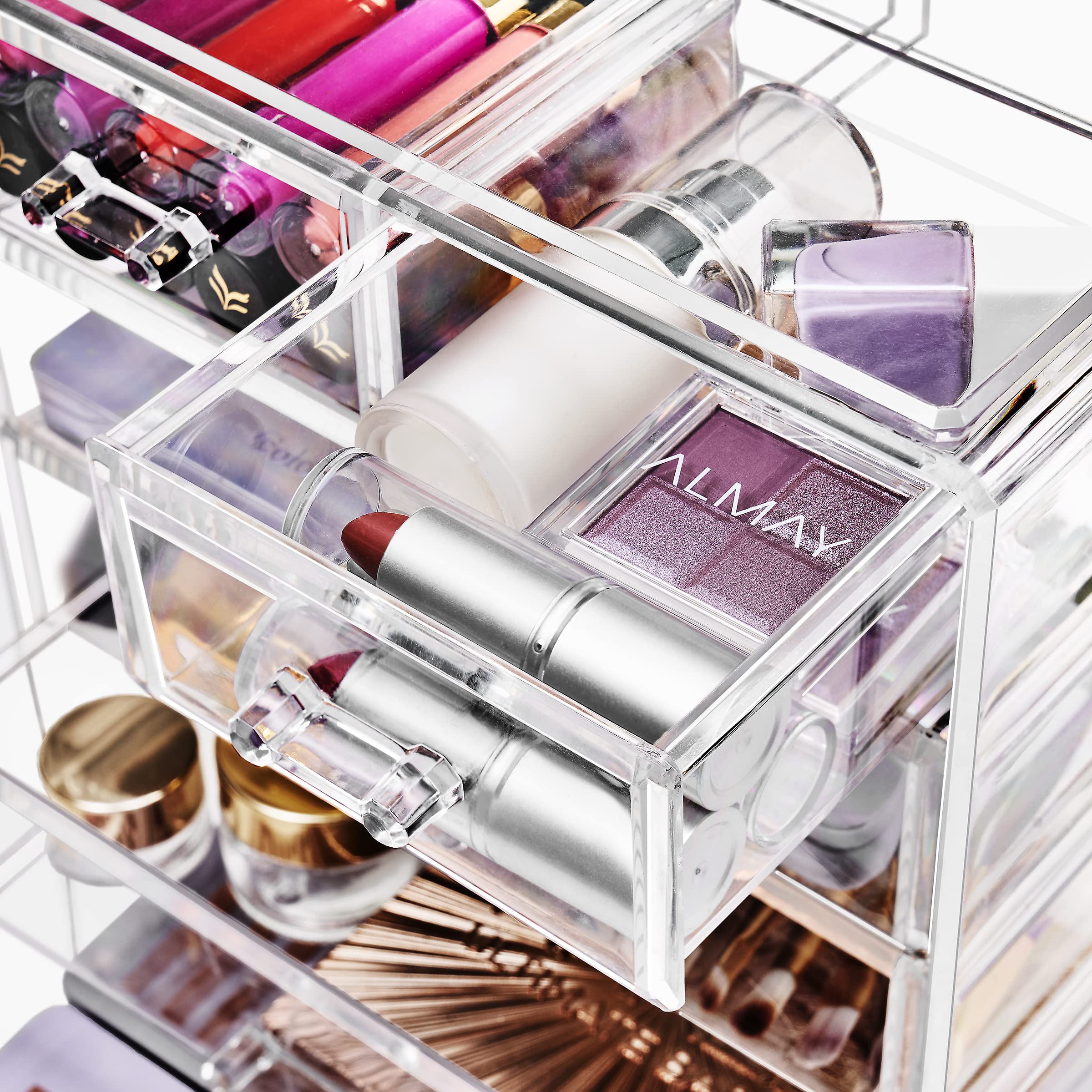 Sorbus compact makeup storage illustrated by compact dimensions on a vanity