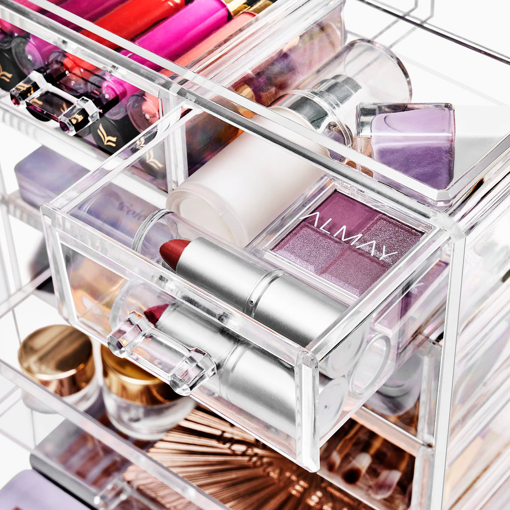 Sorbus compact makeup storage illustrated by compact dimensions on a vanity