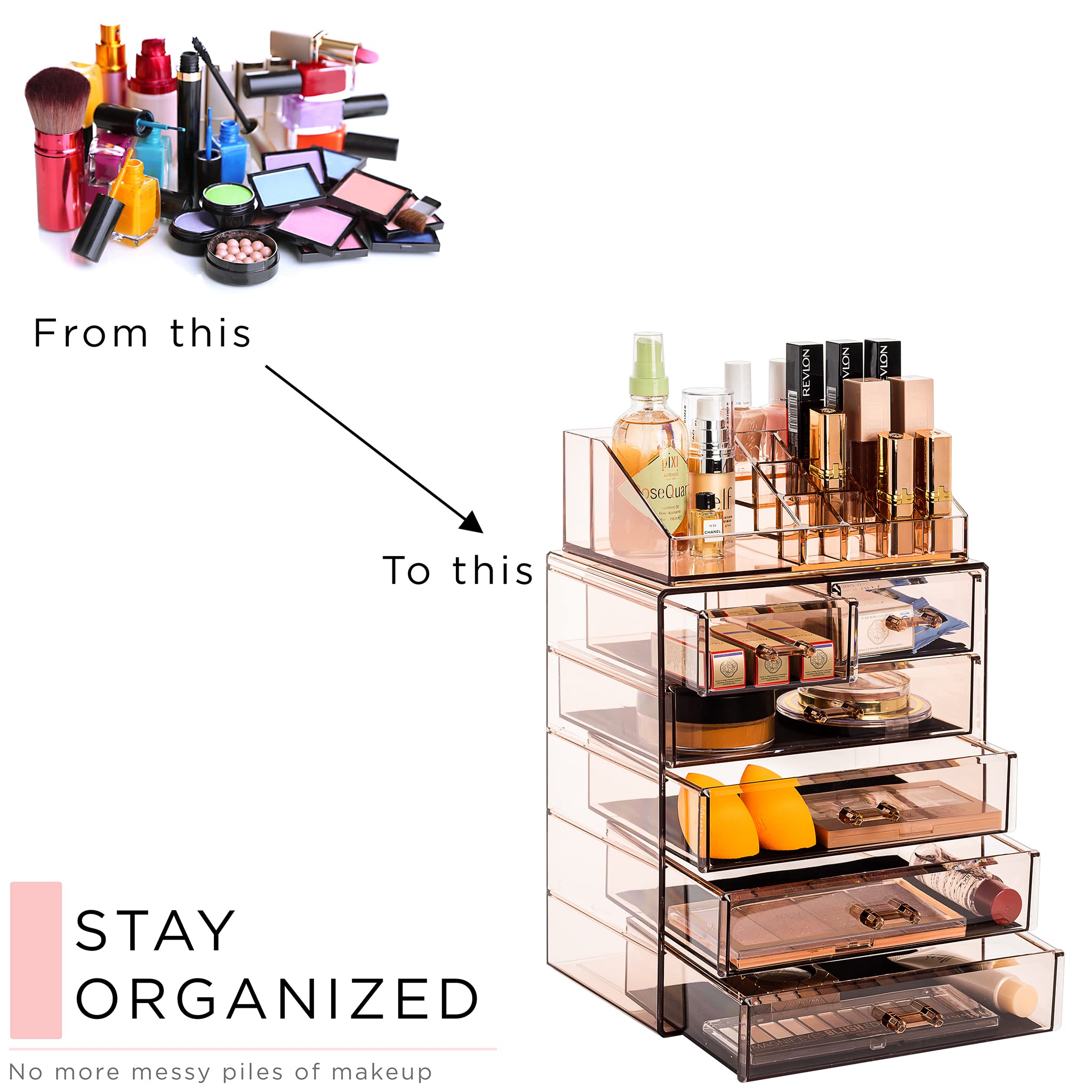 Sorbus compact vanity on a dresser saves space while improving access to cosmetics.