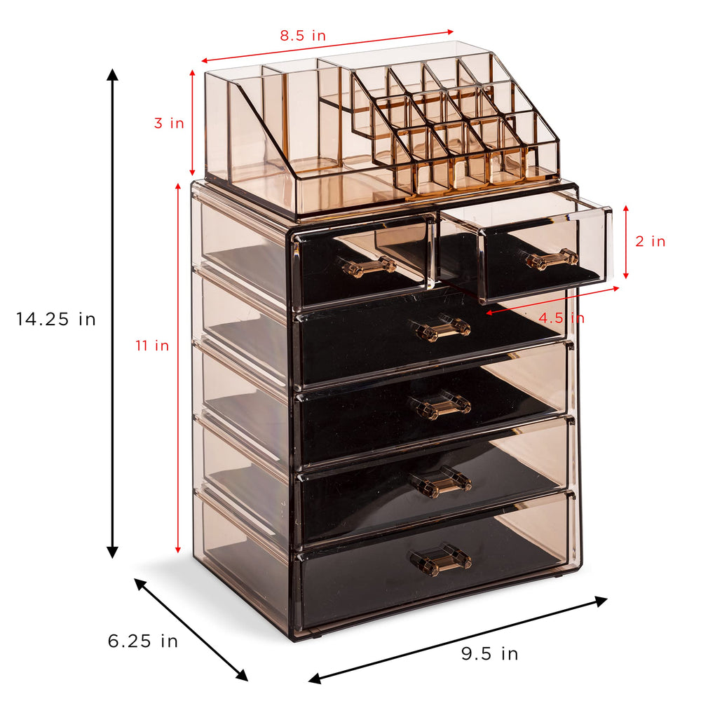 Sorbus top-compartment open shows brushes and lip products for quick morning routines.