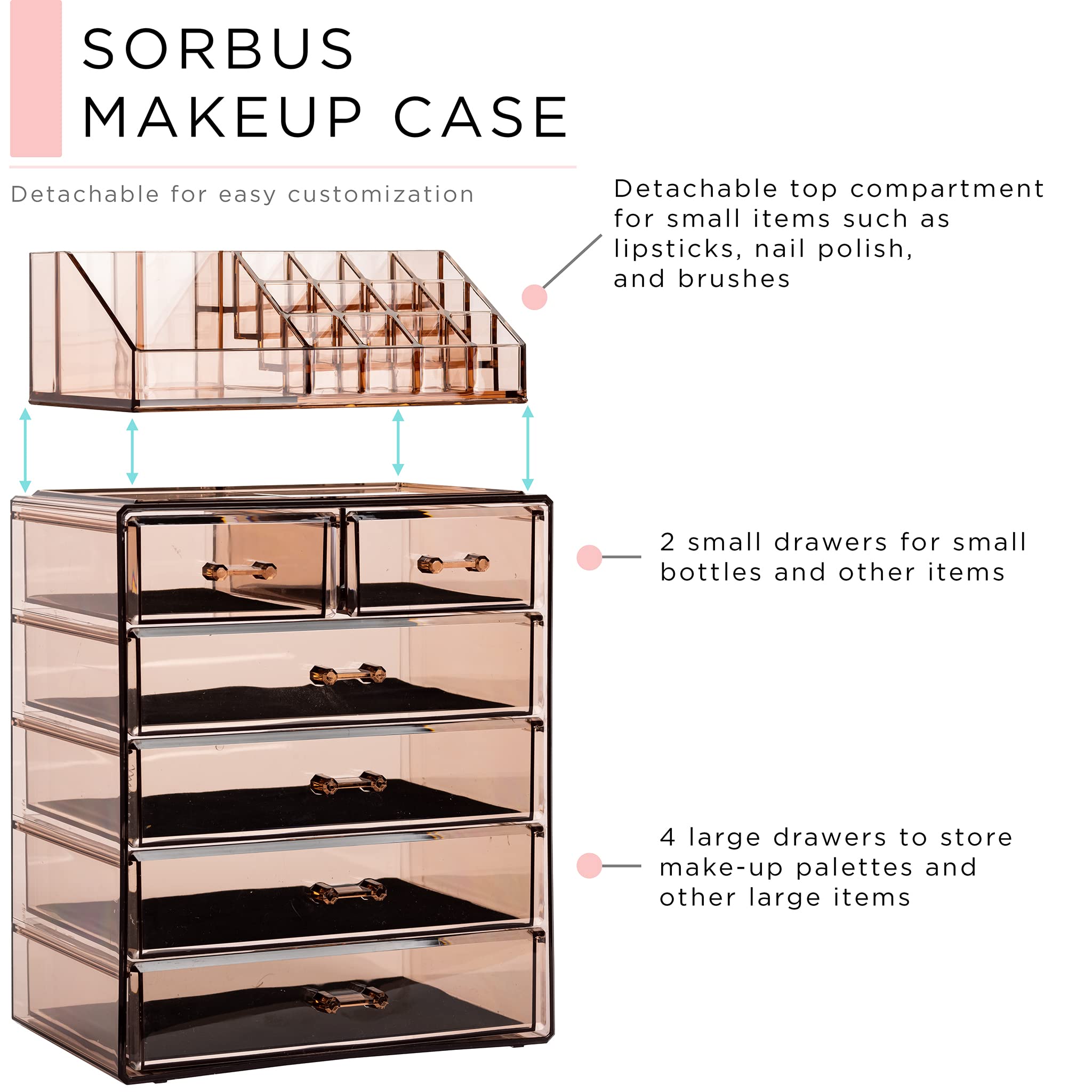 Sorbus wide and small compartments offer versatile storage for brushes, jewelry, and cosmetics.
