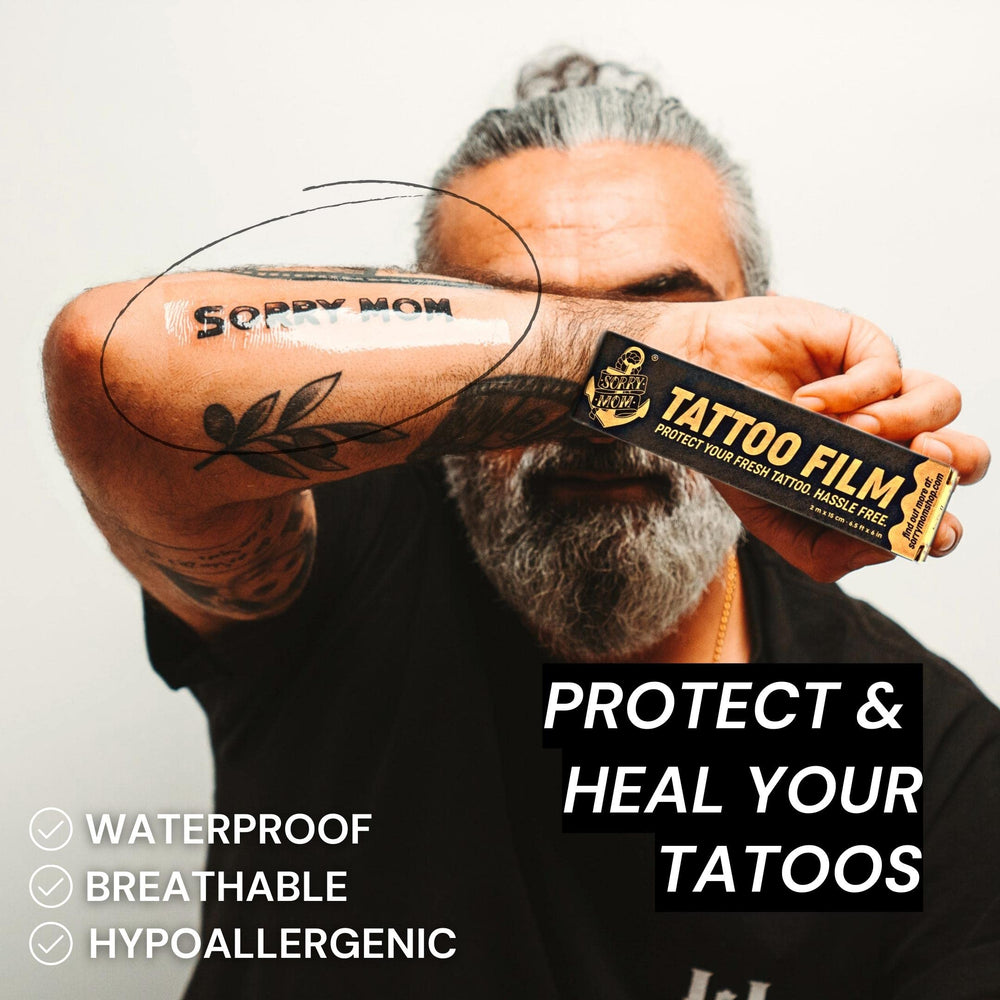Sorry Mom tattoo bandage cut-to-size easy-application for custom coverage on large areas.