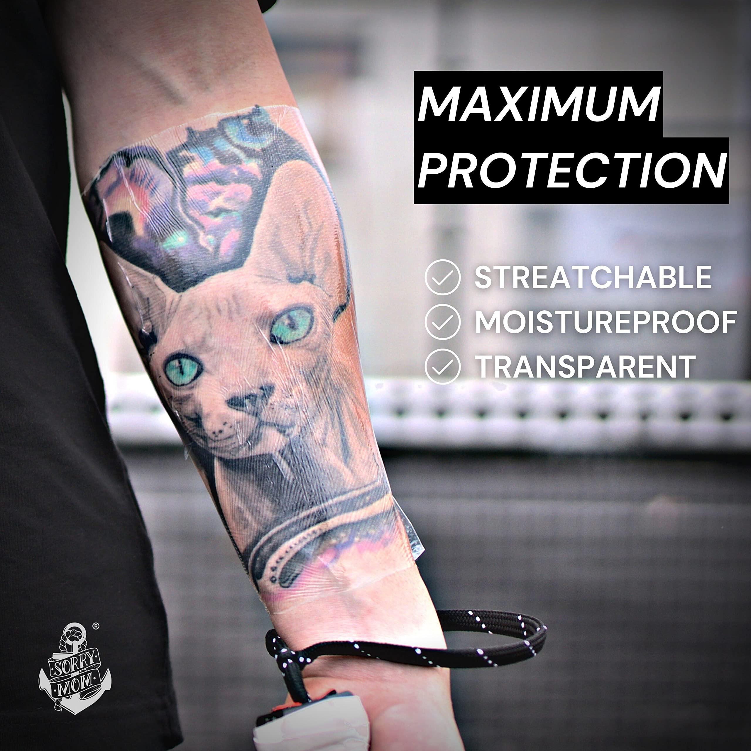 Sorry Mom tattoo bandage swim-proof for active lifestyles and water exposure.