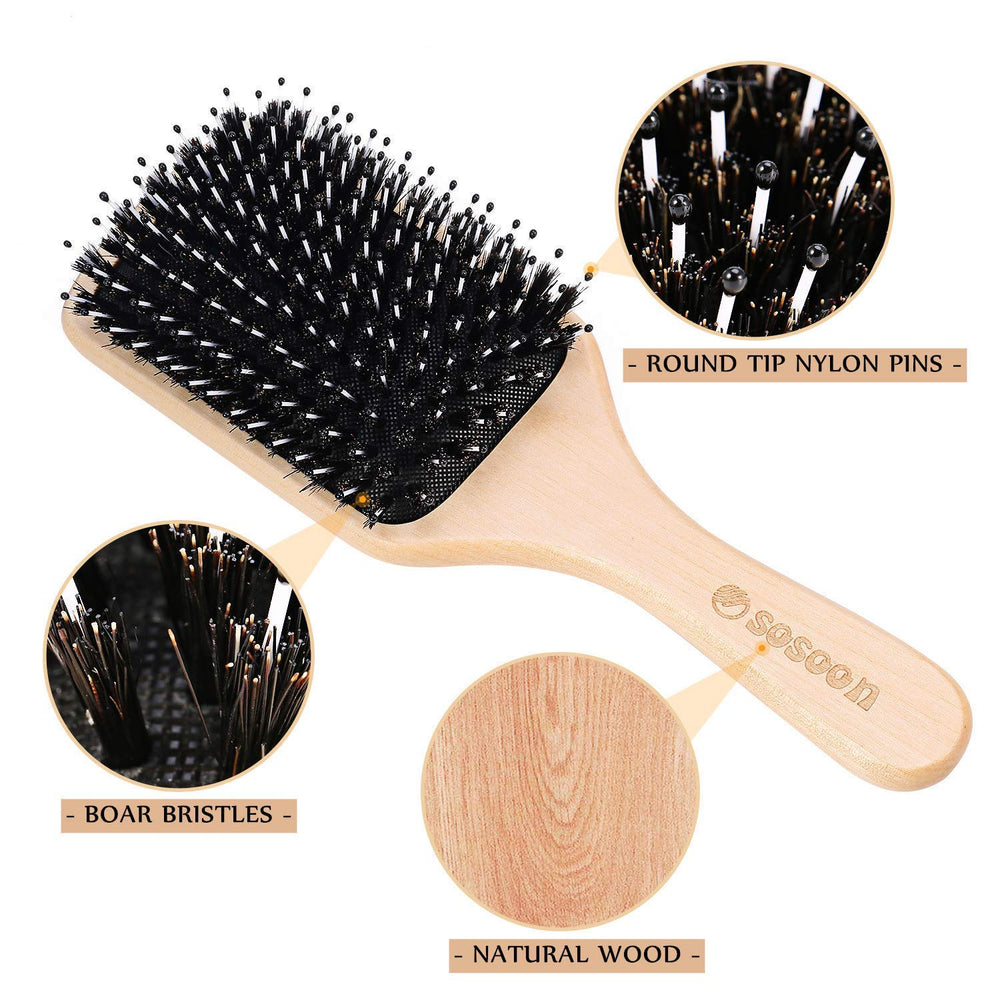 Sosoon boar bristle paddle brush distributes natural oils for shinier hair