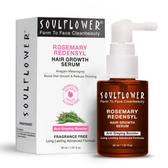 Soulflower Rosemary Redensyl Serum bottle highlights compact 30 ml packaging for on-the-go scalp care.