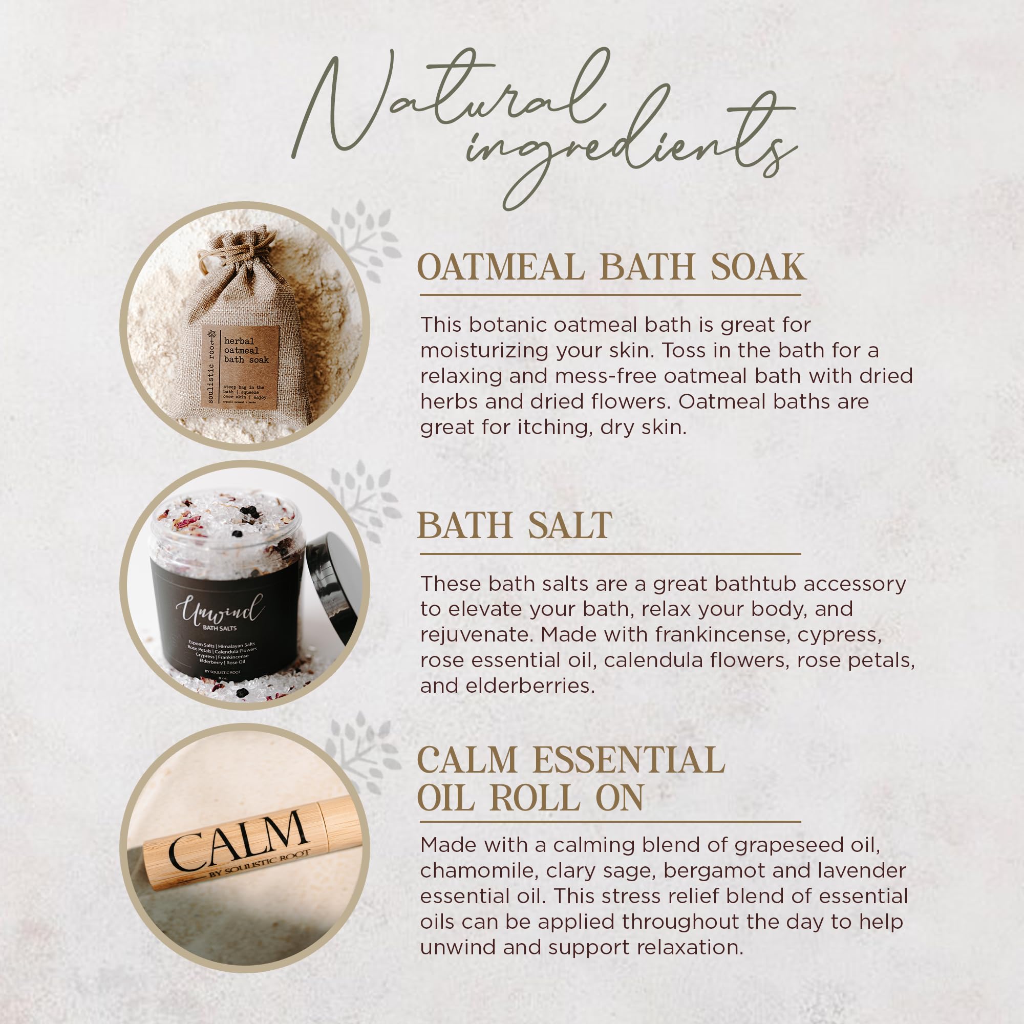 Soulistic Root salts enriched with botanicals for a luxurious spa soak.