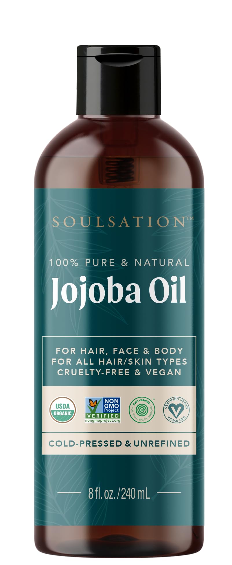SOULSATION jojoba oil bottle 8oz, pure and cold-pressed hydration for skin and hair.