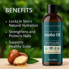 SOULSATION jojoba oil skin & body usage highlights deep hydration and non-greasy finish.