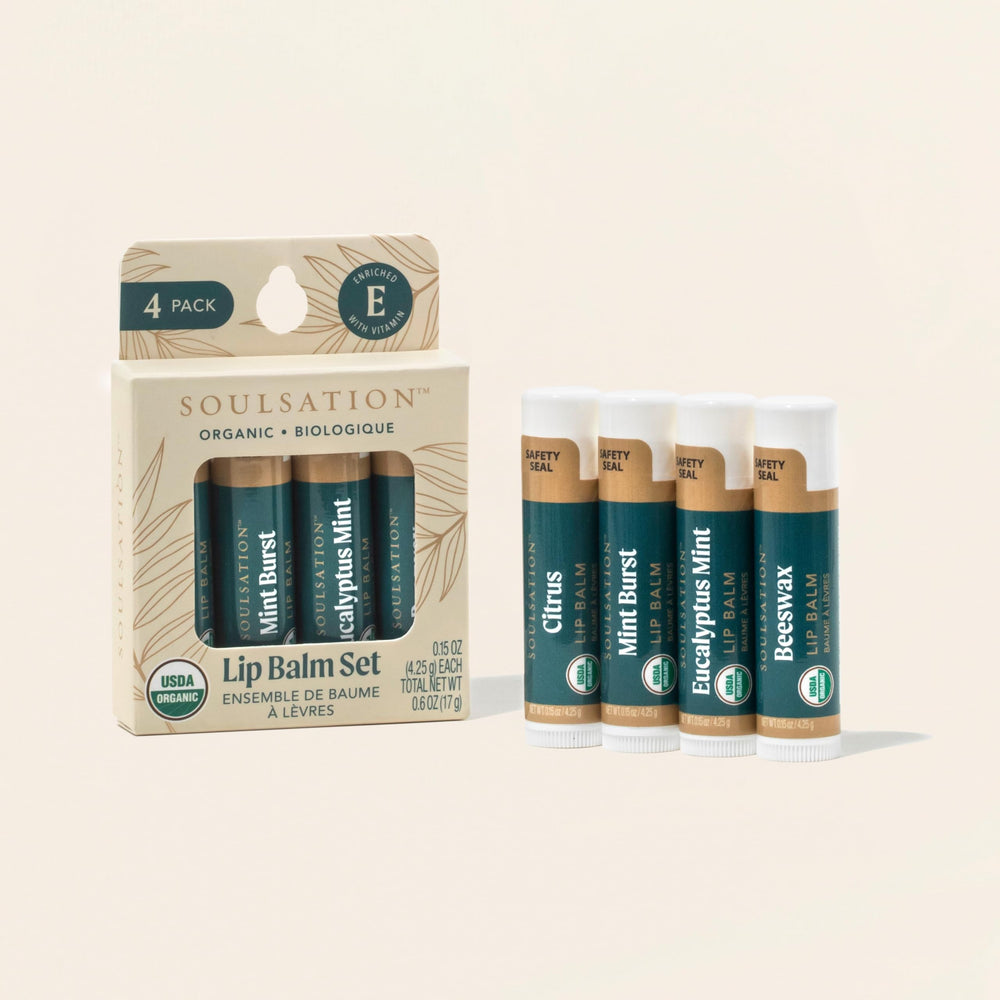 Soulsation lip balm Eucalyptus Mint for cooling moisture on the go.