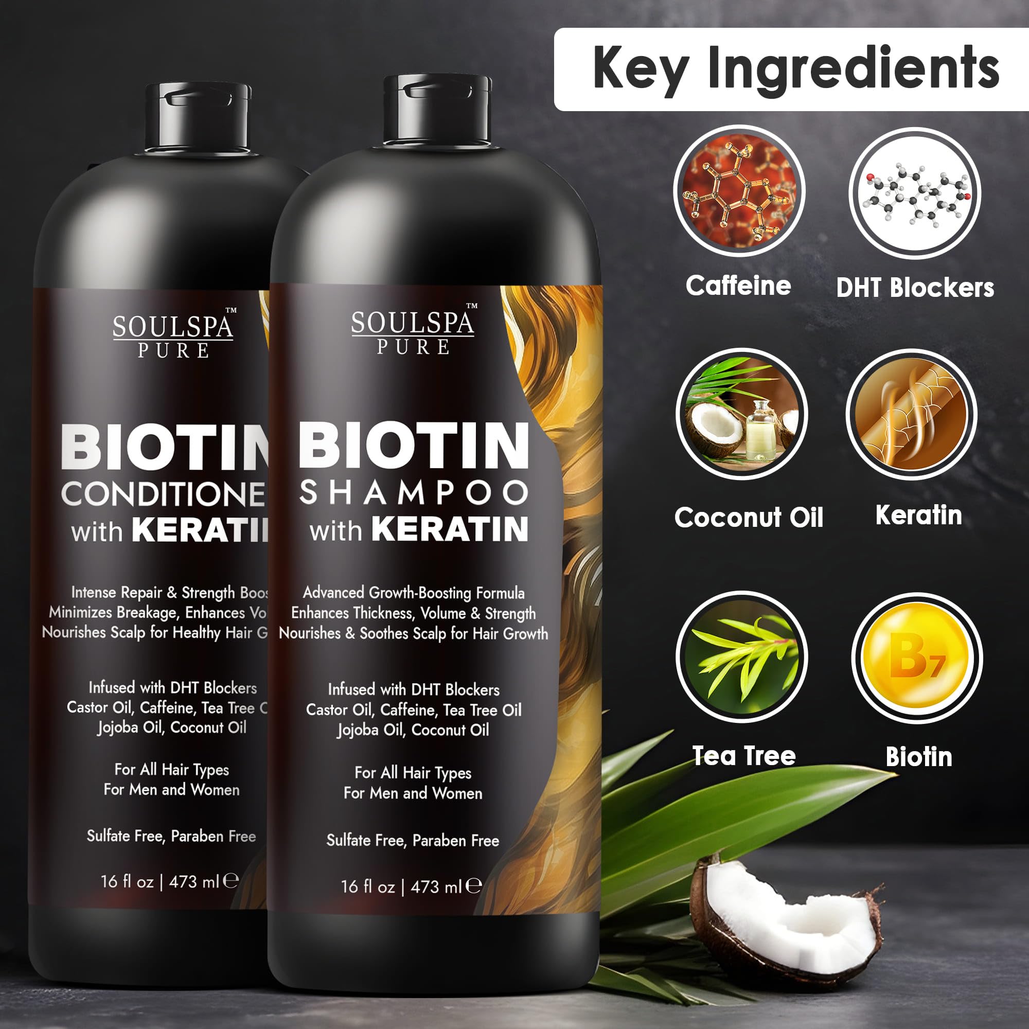 SOULSPA PURE Biotin Keratin Conditioner tube highlights moisturizing keratin for smoother hair