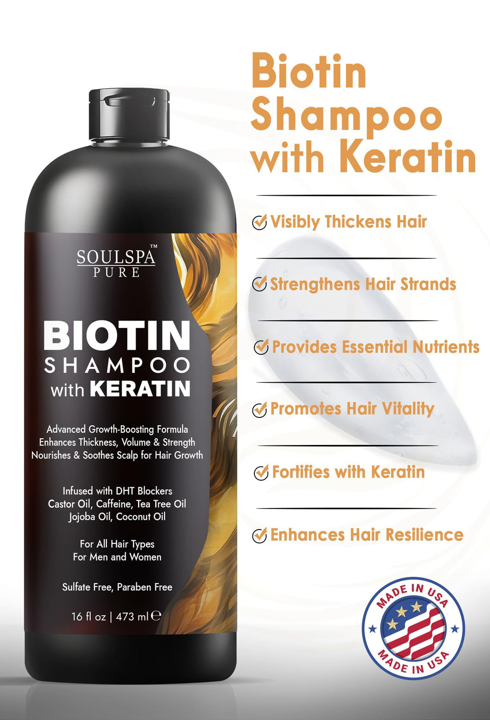 SoulSpa Pure Biotin Shampoo pump application shows easy daily use and scalp nourishment.