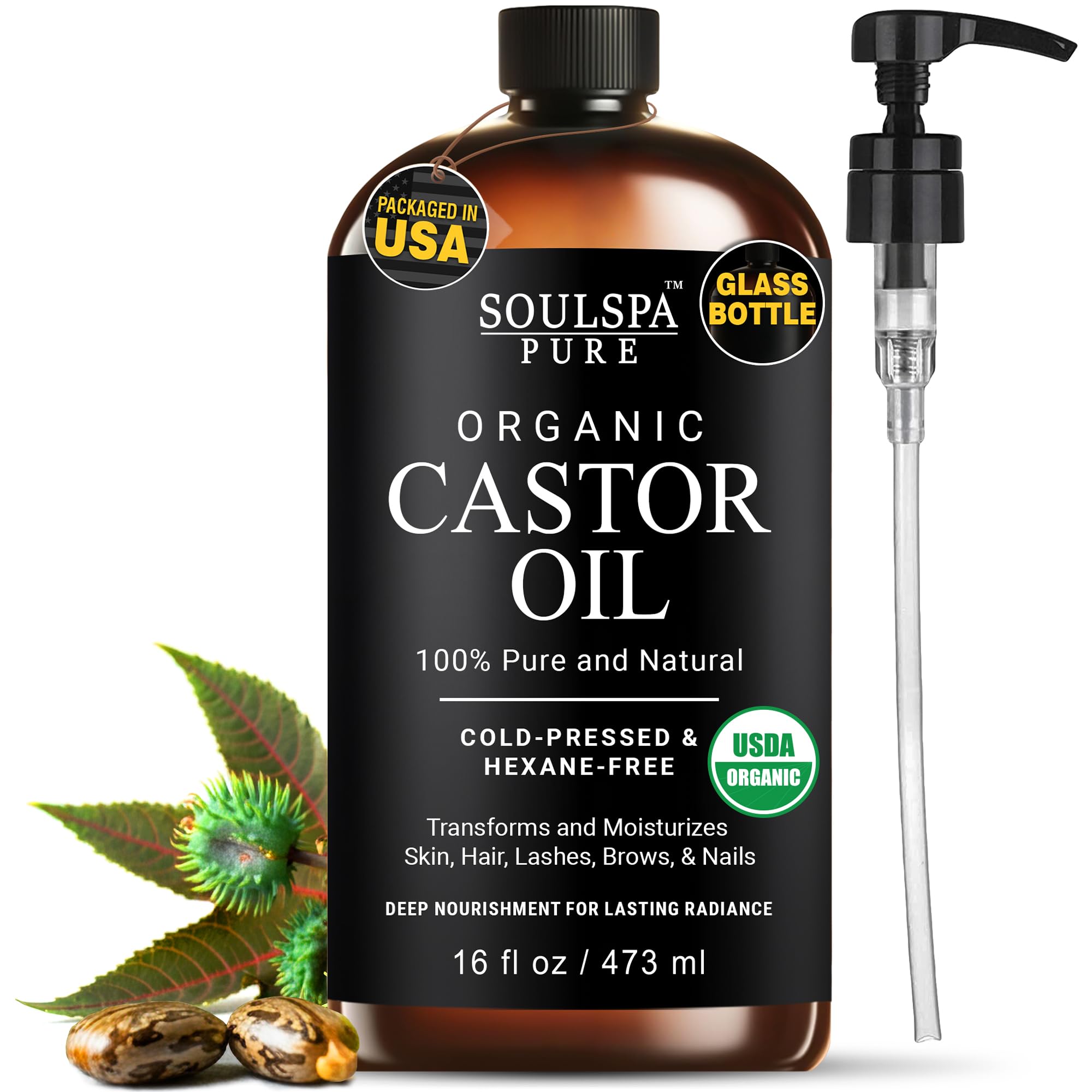 SoulSpa Pure castor oil bottle in amber glass with pump for easy daily use