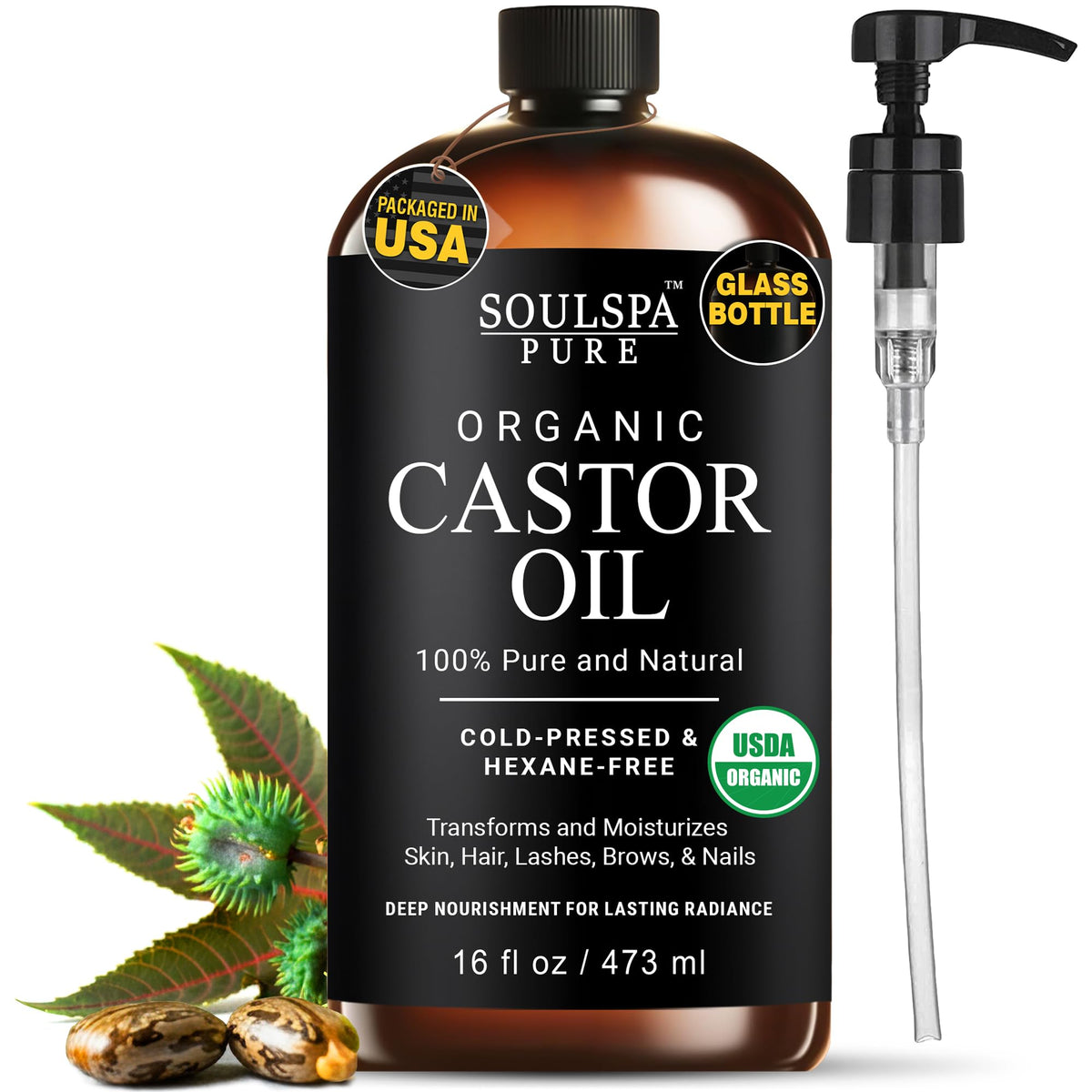 SoulSpa Pure castor oil bottle in amber glass with pump for easy daily use