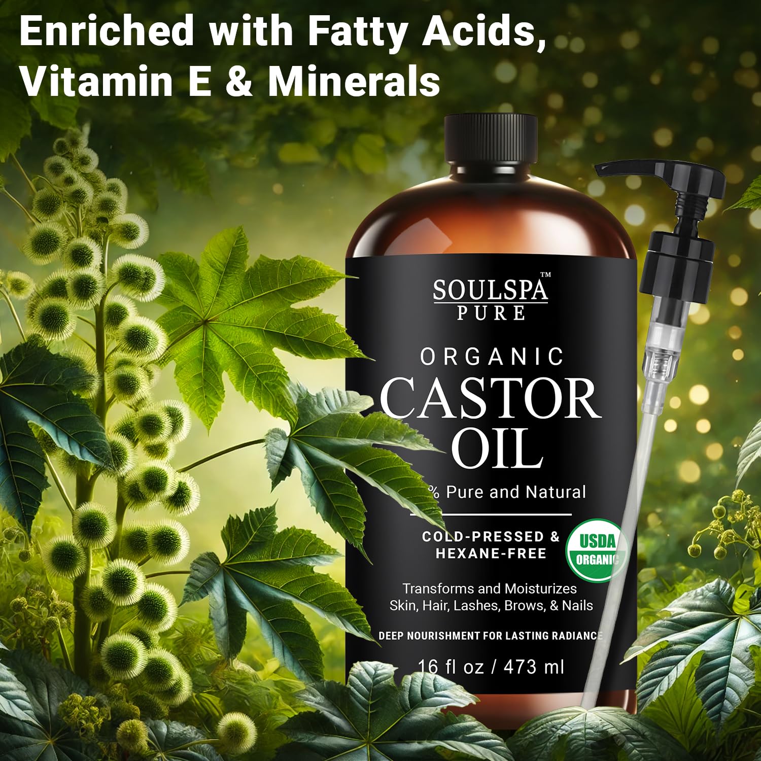 SoulSpa Pure castor oil label shows USDA Organic certification for clean nourishment