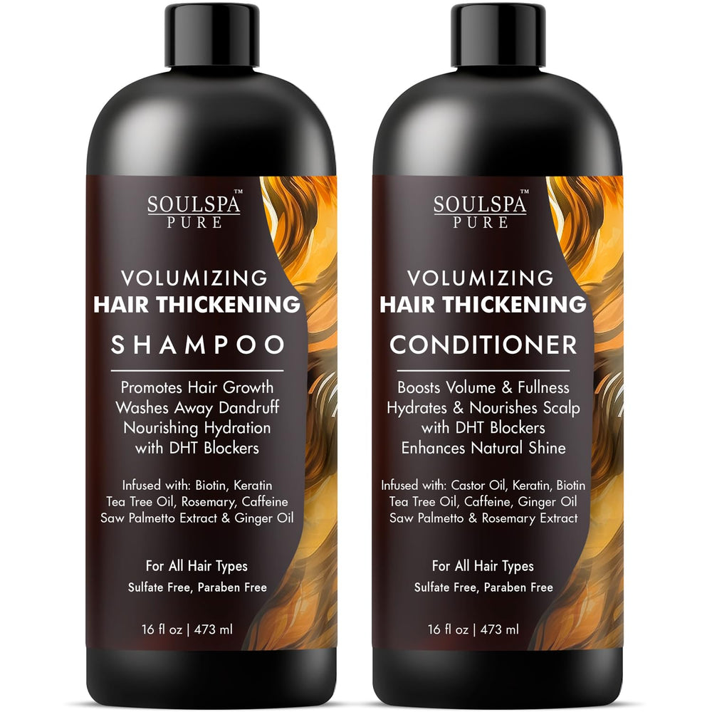 SOULSPA PURE hair thickening shampoo bottle promotes fuller-looking hair with a refreshing scent