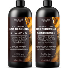 SOULSPA PURE hair thickening shampoo bottle promotes fuller-looking hair with a refreshing scent