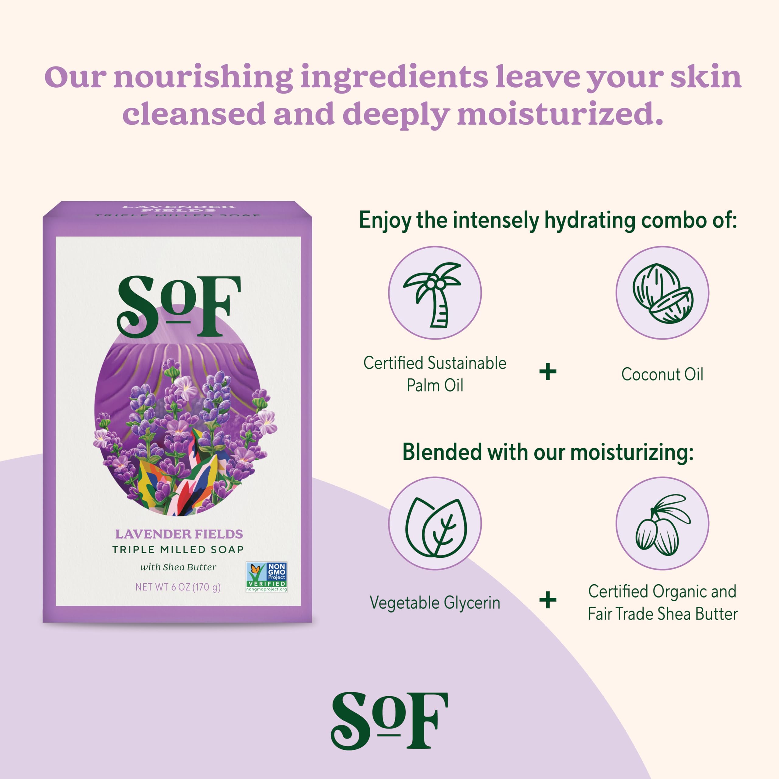 South Of France SoF Lavender Fields fragrance close-up conveys calming aroma for stress-free showers.