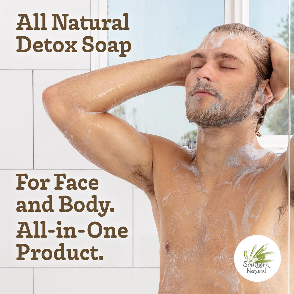 Southern Natural charcoal soap texture closeup implies long-lasting bars with rich lather.