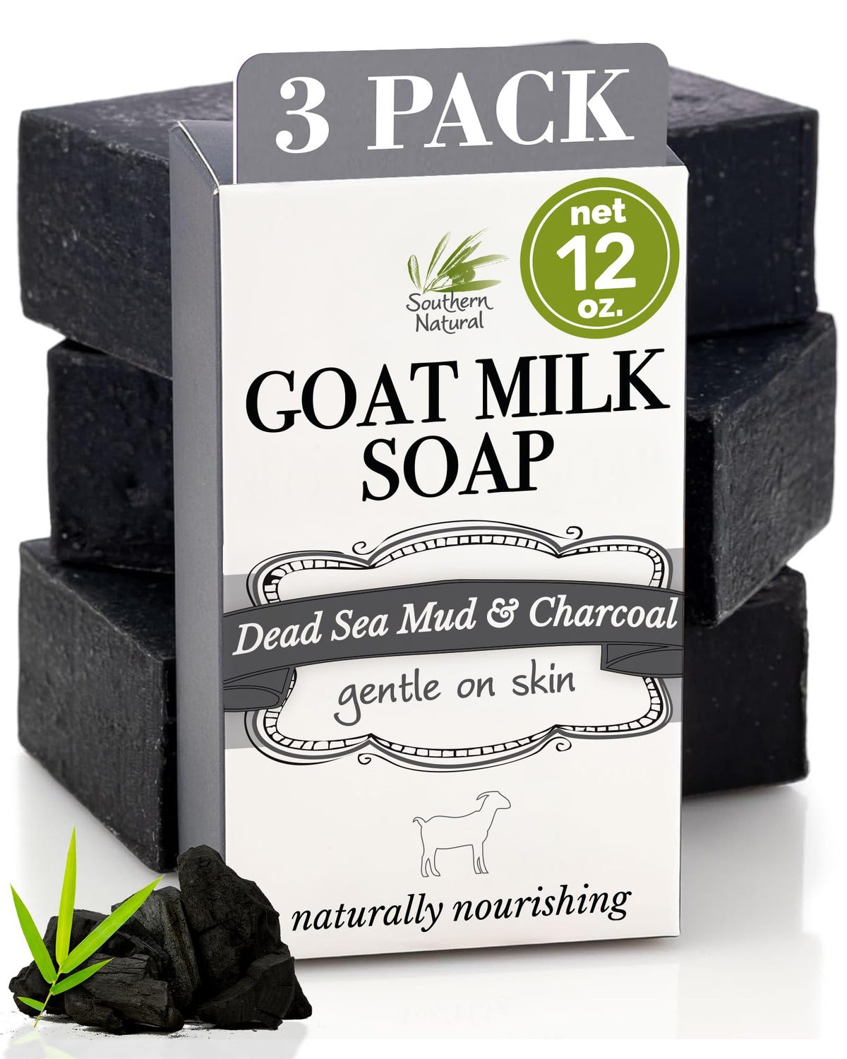 Southern Natural charcoal soap closeup lather demonstrates rich cleansing for face and body.