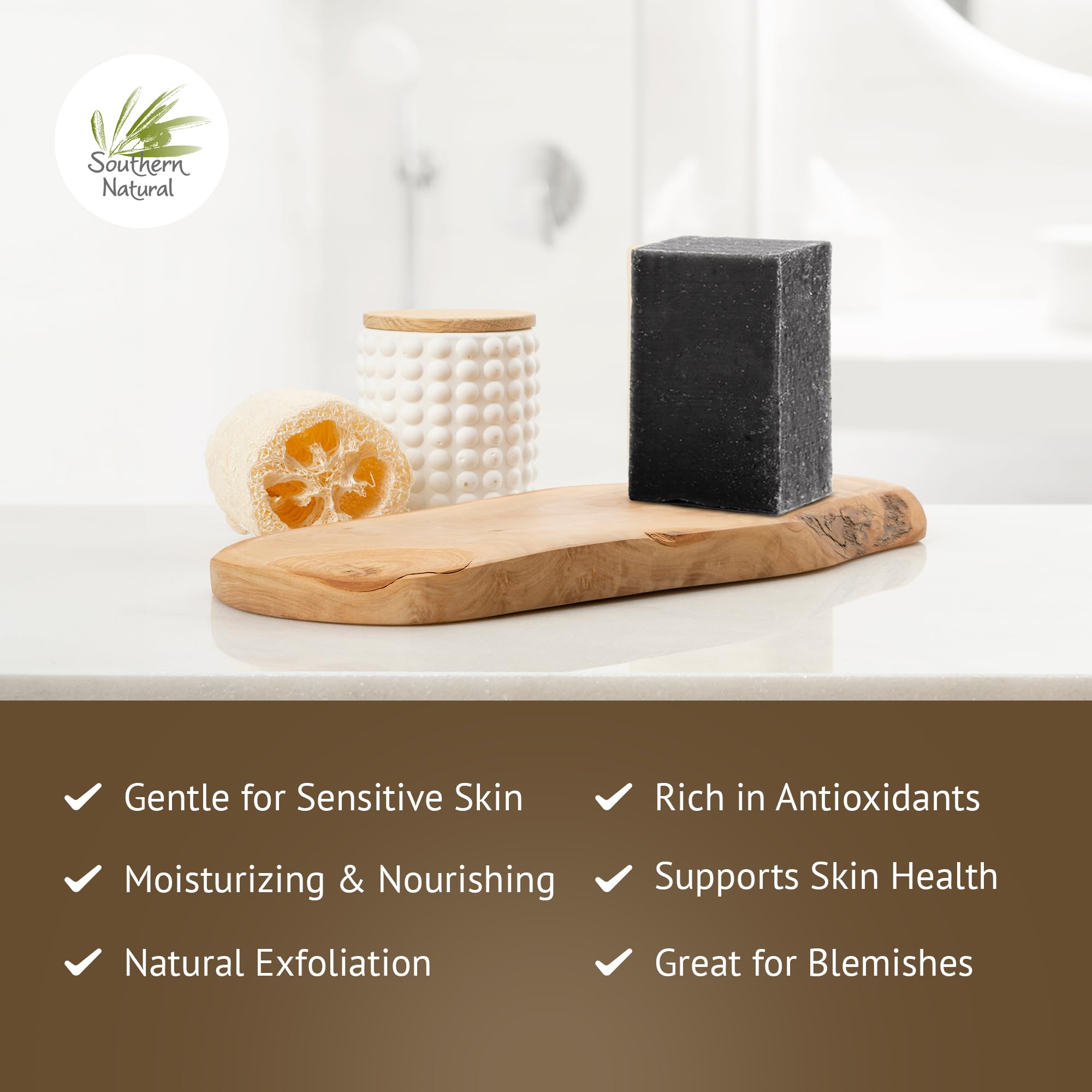 Southern Natural charcoal soap use-on-face-and-body image highlights versatile cleansing.