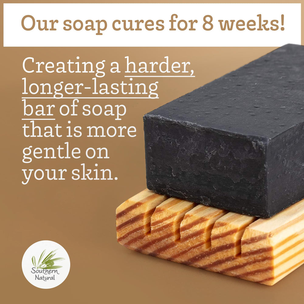 Southern Natural charcoal soap ingredients image showcases olive, coconut, palm oils and minerals.