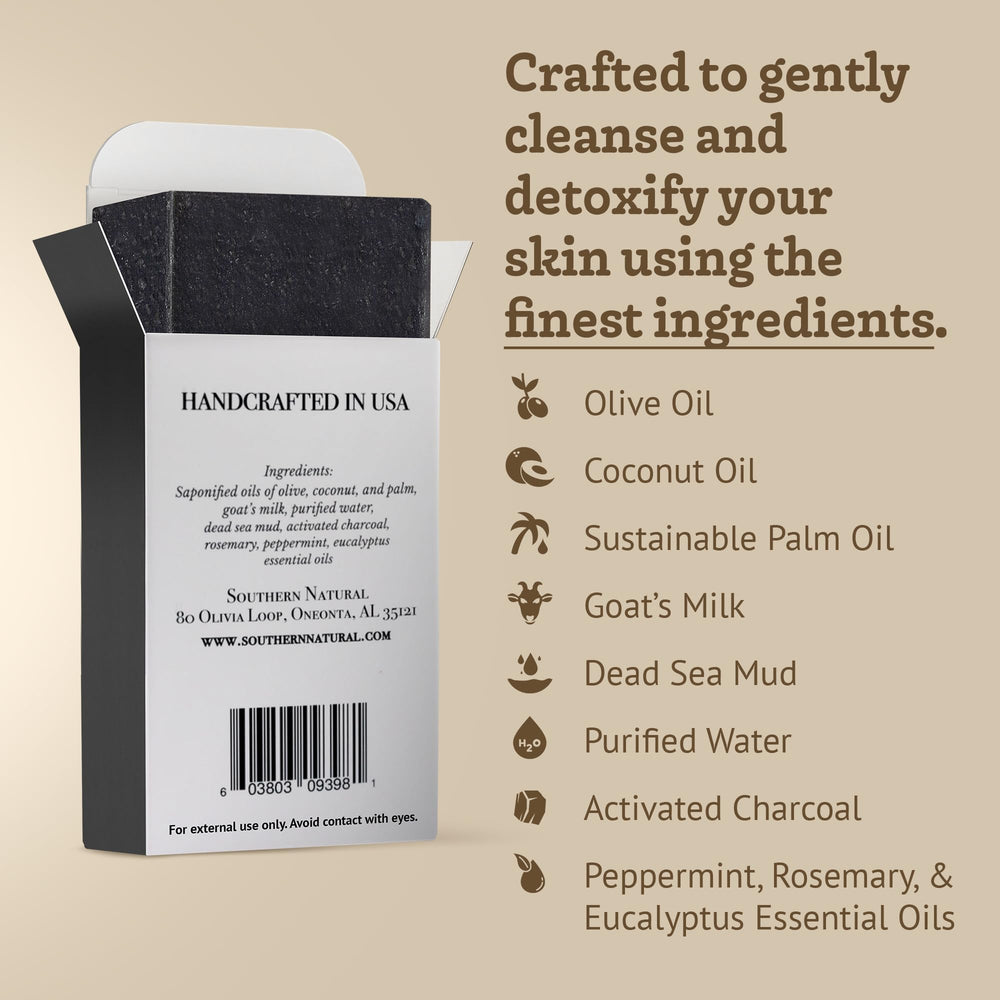 Southern Natural charcoal soap packaging image communicates eco-friendly 3-pack presentation.