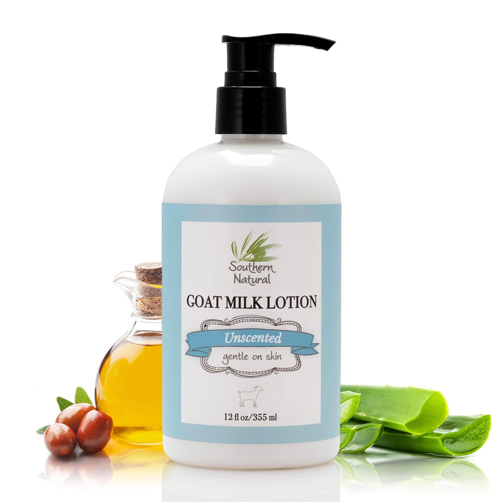 Southern Natural Goat Milk Lotion bottle front shows gentle unscented hydration for dry skin