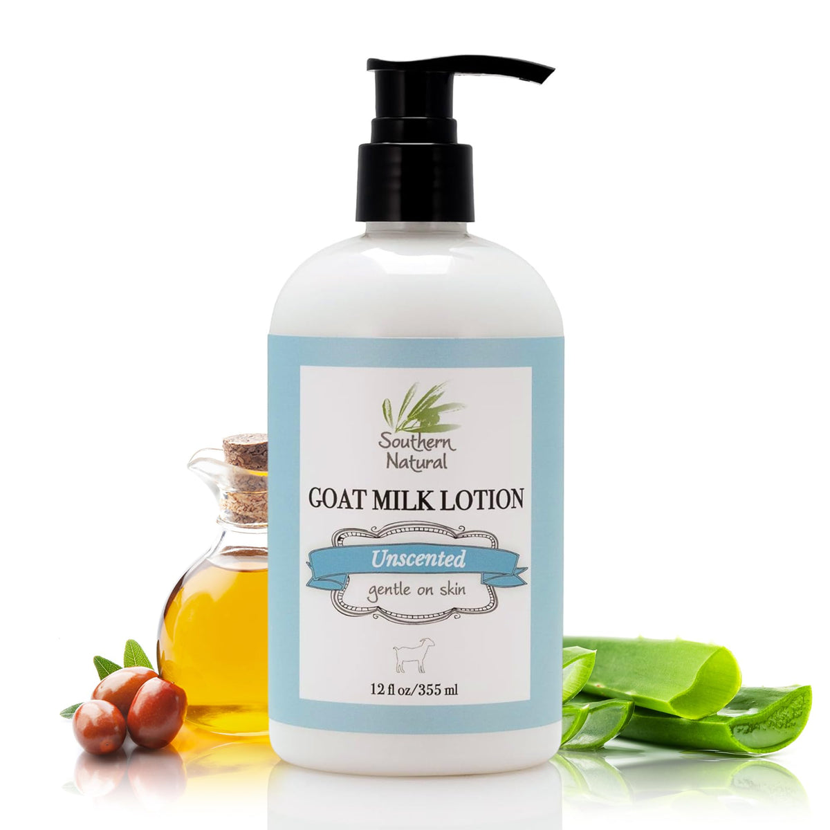 Southern Natural Goat Milk Lotion bottle front shows gentle unscented hydration for dry skin