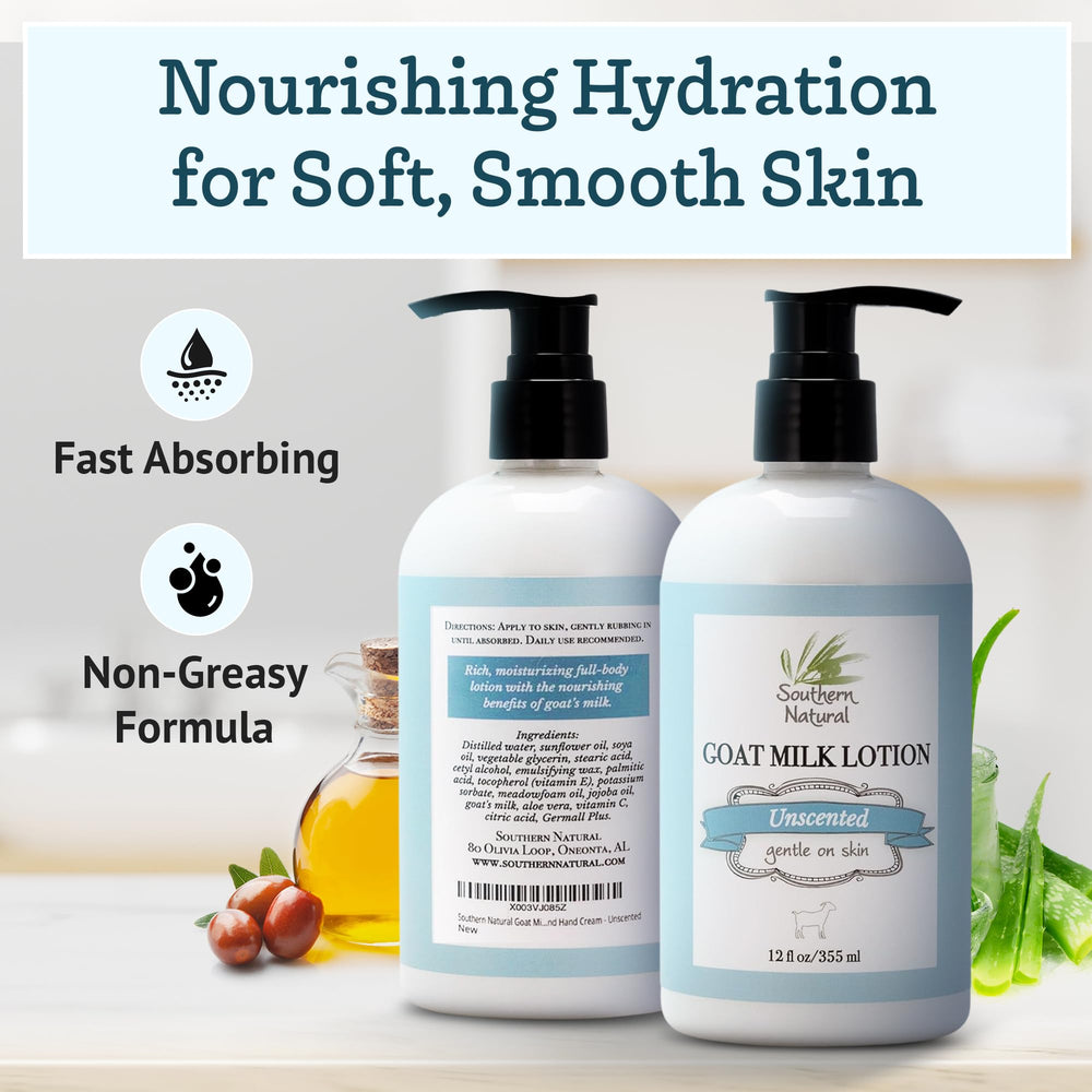 Southern Natural Goat Milk Lotion quick-absorption texture demonstrates non-greasy hydration