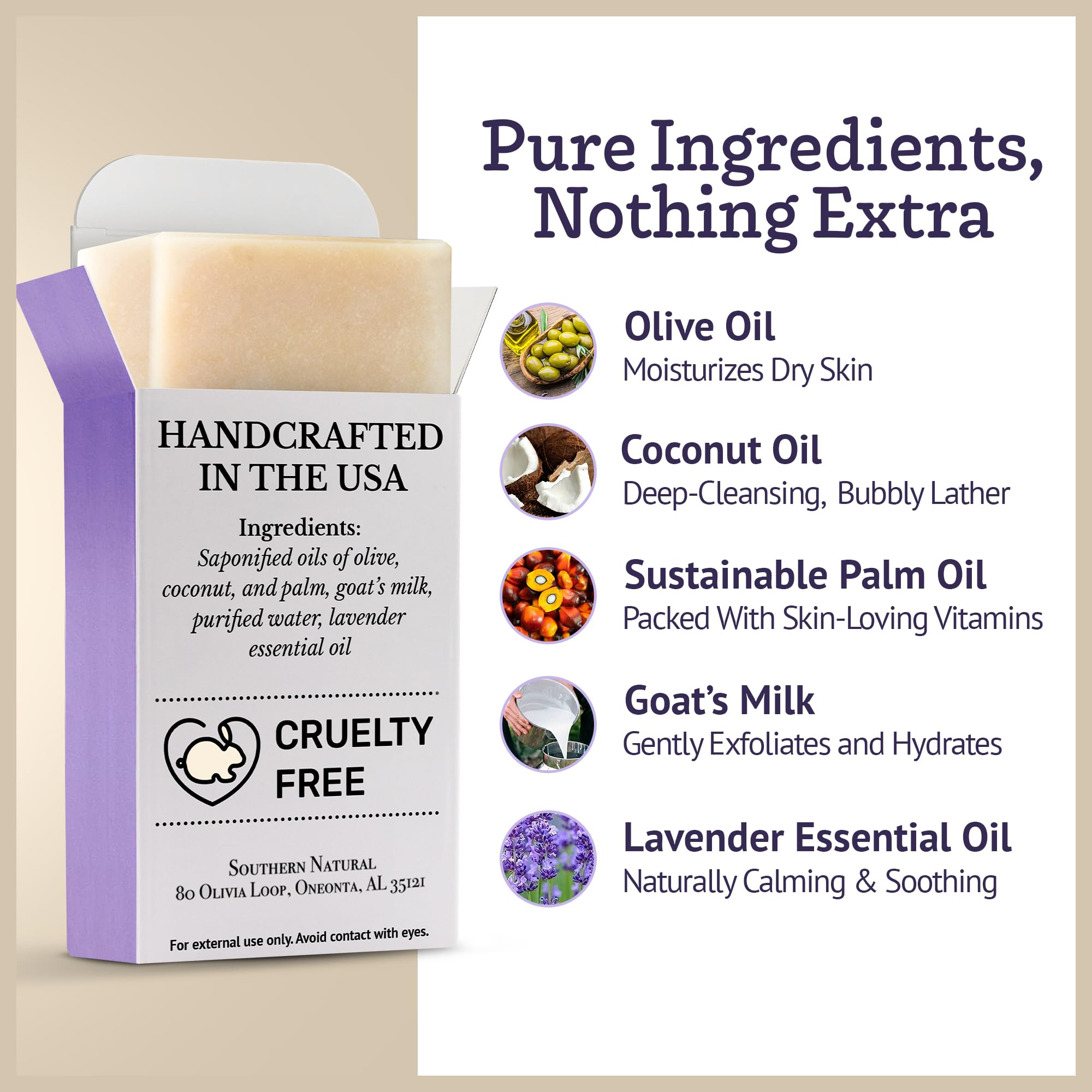 Southern Natural Goat Milk Soap Bar Lavender Pack nourishes dry skin during daily washing.