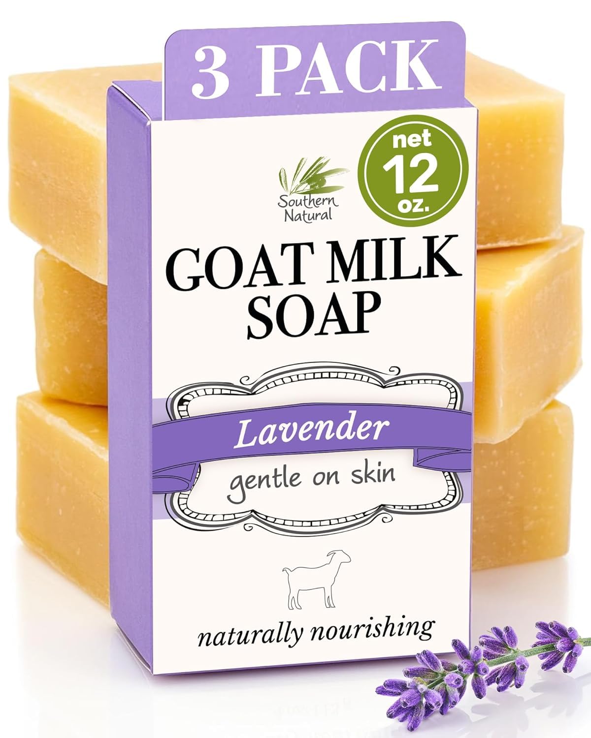 Southern Natural Goat Milk Soap Bar Lavender Pack offers gentle cleansing for sensitive skin.